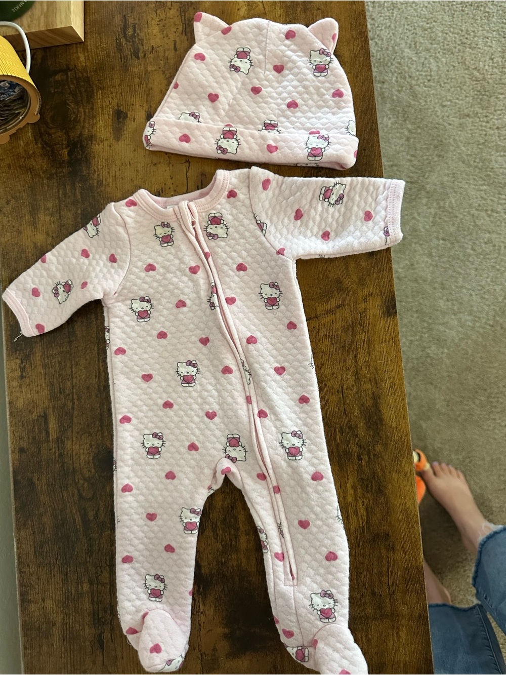 Hello Kitty Pink Quilted Footie One-Piece with Matching Hat size newborn